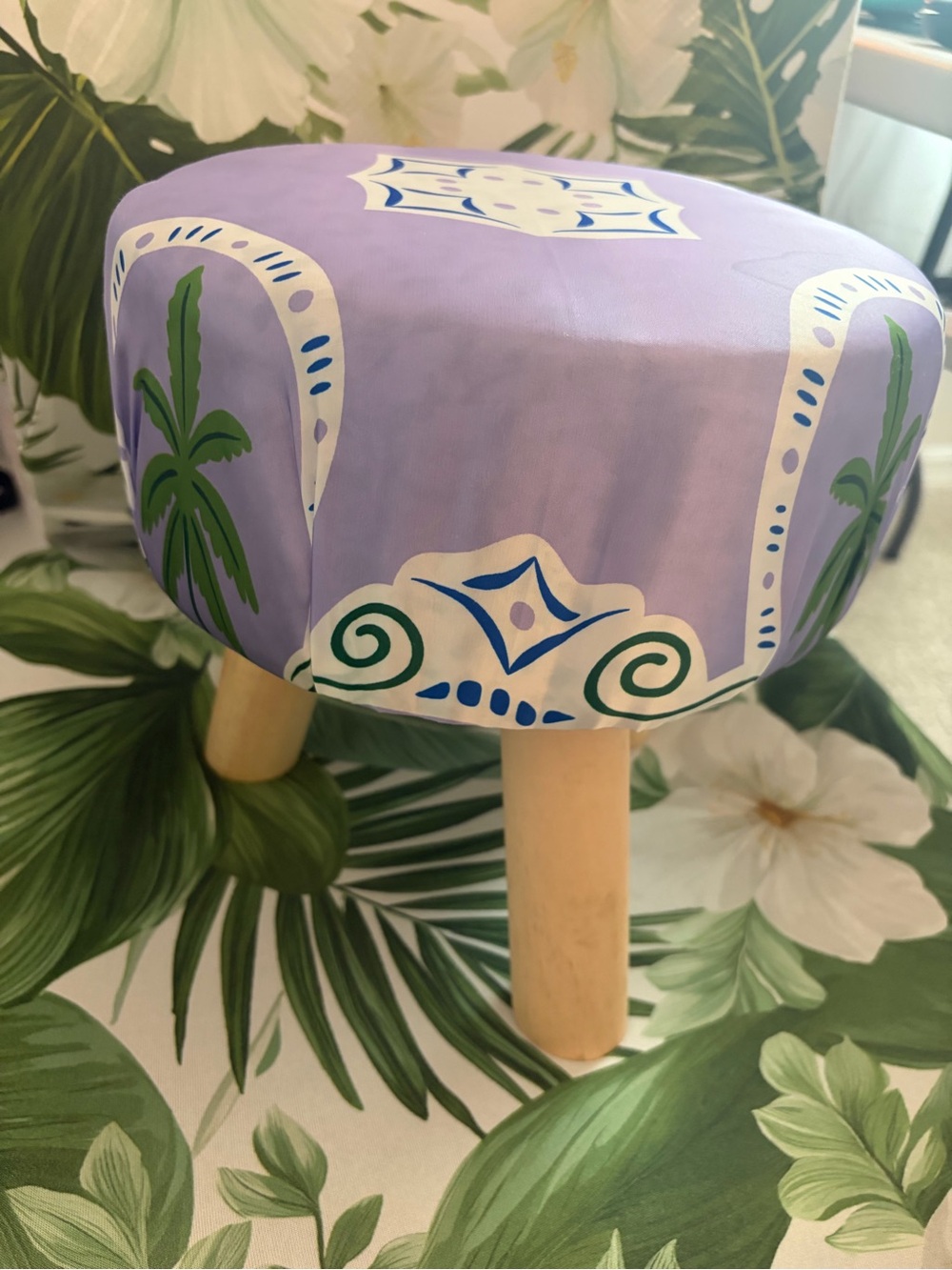 Satin Lavender Accent Footstool Stool with Tropical Motif